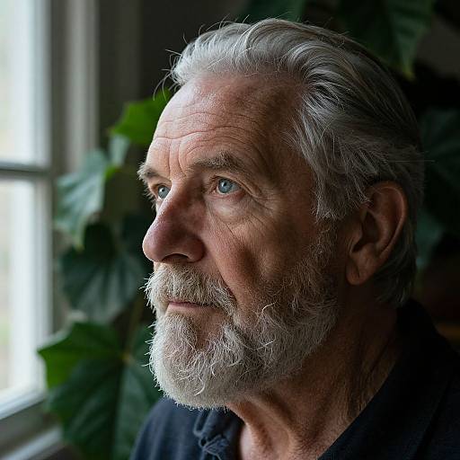 Photograph of an older man with white hair and beard, blue eyes, wearing a black shirt, gazing thoughtfully to the side, with green