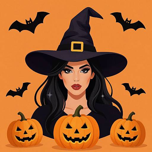 Digital illustration of a black-haired witch with red lips, wearing a pointed hat, surrounded by three carved jack-o'-lanterns and black bats on