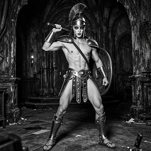Photorealistic black-and-white CGI of a muscular, shirtless male gladiator with helmet, shoulder armor, sword in right hand, shield in left
