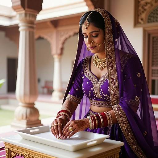 Photograph of an Indian bride in a purple saree with gold embroidery, veil, and jewelry, applying mehndi on her hand in a