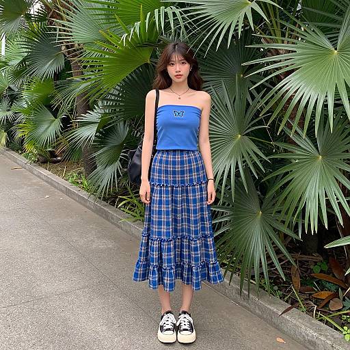 Young woman in blue tube top and plaid skirt by tropical plants
