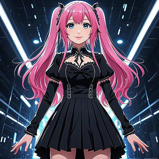 Digital anime artwork of a pink-haired girl with blue eyes, wearing a black gothic dress, standing in a futuristic, neon-lit corridor.