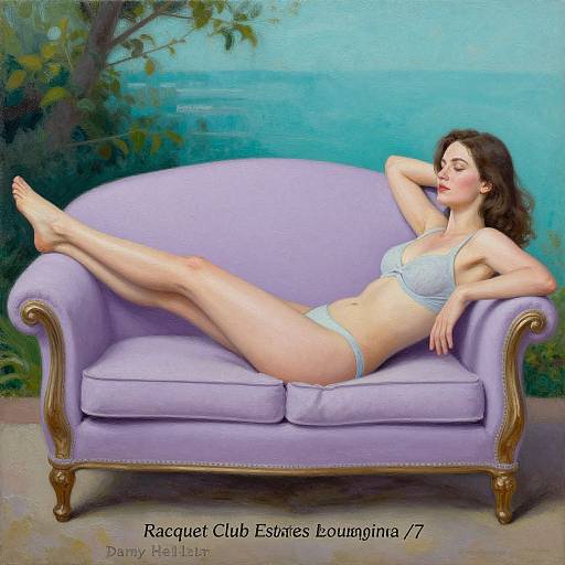 Photorealistic painting of a fair-skinned woman with dark brown hair, wearing light blue lingerie, reclining on a lavender couch, legs extended,