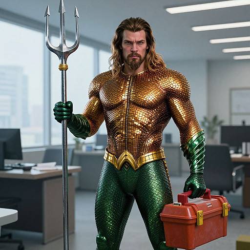 Photorealistic CGI of a muscular, long-haired man in a golden scale, green armored suit, holding a trident and red toolbox in a modern