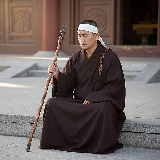 Photograph of a serene Asian monk with shaved head, white headband, black robes, holding a wooden staff, sitting on stone steps in front of