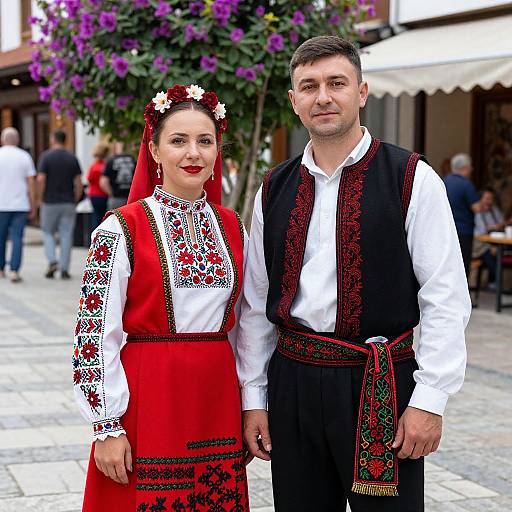 Photograph of a couple in traditional Bulgarian attire; woman in red dress with floral headpiece, man in black vest and white shirt, standing on cob