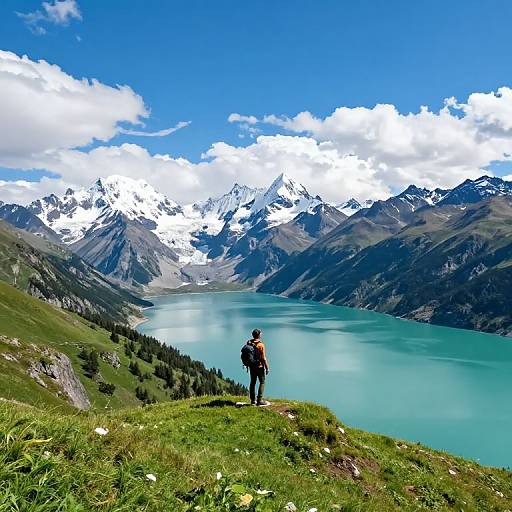 Hiker Overlooking Serene Mountain Lake