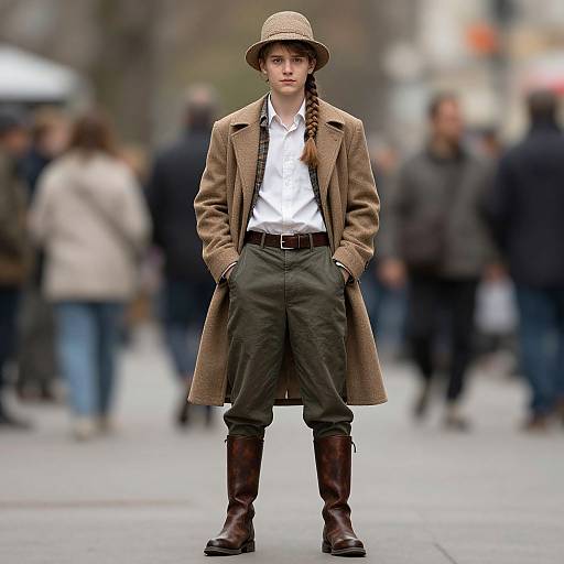 Photograph of a young woman with braided hair, brown hat, long brown coat, white shirt, olive pants, brown boots, standing confidently in