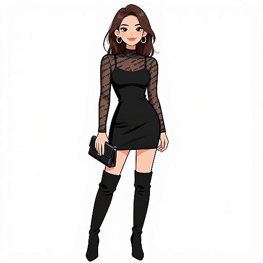 Anime-style digital drawing of a cute woman with brown hair, wearing a black sheer dress, thigh-high boots, holding a black clutch.
