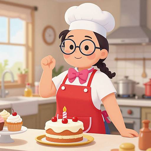 Cartoon-style image of a smiling, glasses-wearing, Asian female chef in red apron, white shirt, and chef hat, holding a cake