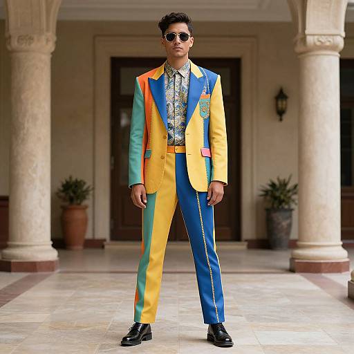 Photograph of a young man in a vibrant, multicolored suit (yellow, blue, green) with white shirt, black shoes, and sunglasses
