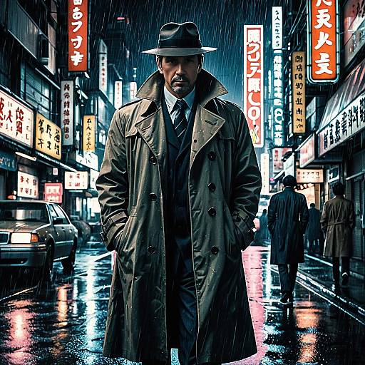 Detective in Rainy Neon-lit Street