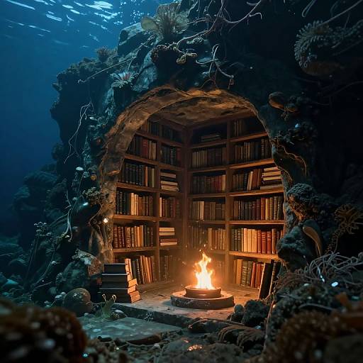 Photograph of a submerged cave library with arched wooden bookshelves, illuminated by a central fire, surrounded by dark, underwater rocks and coral.