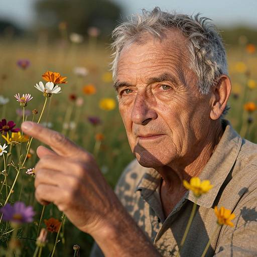 Photograph of an elderly man with gray hair, pointing at colorful wildflowers in a sunlit field, wearing a patterned shirt.