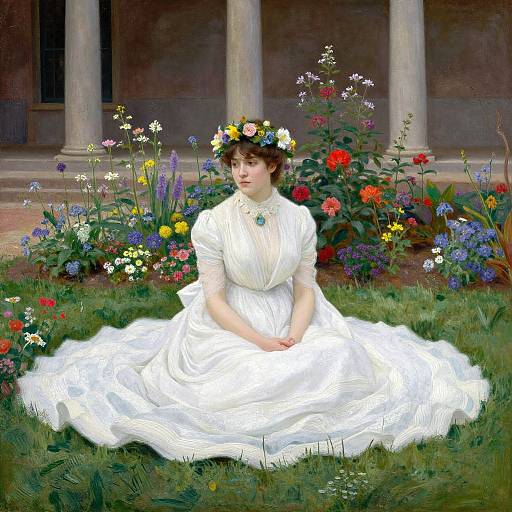 Victorian-style painting of a woman in a white, full-skirted dress and floral crown, sitting in a vibrant, colorful garden.