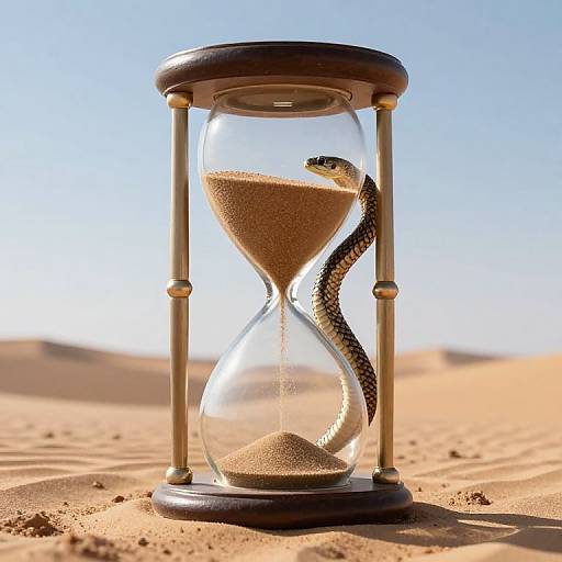 Photograph of a glass hourglass with a small snake inside, standing on desert sand under a clear blue sky.