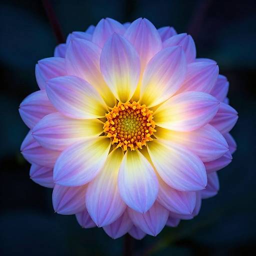 Photograph of a vibrant dahlia flower with white petals, glowing yellow center, and orange stamens, set against a dark background.
