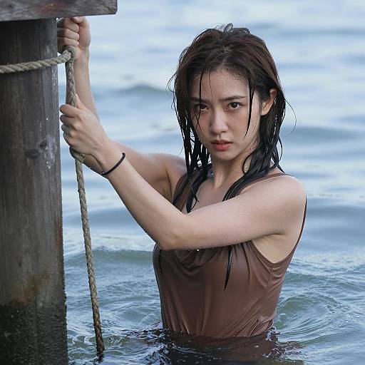 Intense Woman in Water with Rope