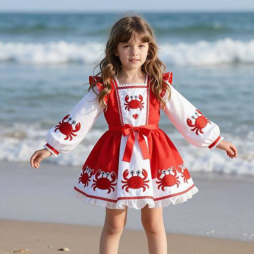 Photograph of a young girl with long brown hair, wearing a red and white dress with crab patterns, standing on a beach with waves in the background