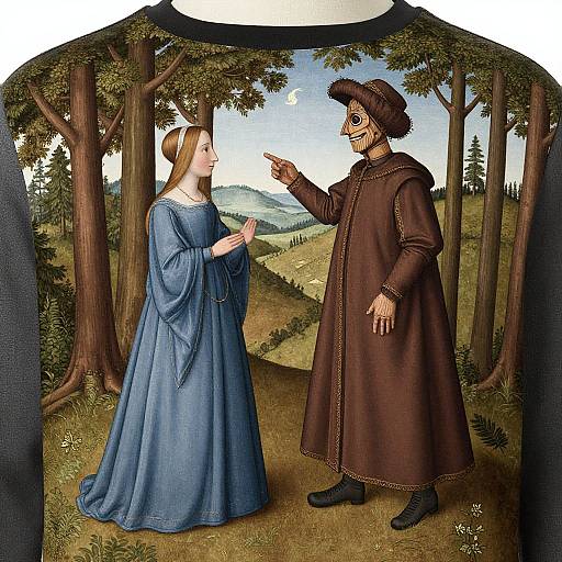 Renaissance-style painting of a fair woman in a blue gown and a bearded man in a brown robe pointing, standing in a forest clearing.