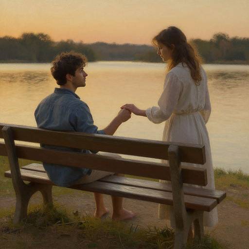 Photograph of a couple holding hands on a wooden bench at sunset by a lake, with the woman in a white dress and the man in a denim