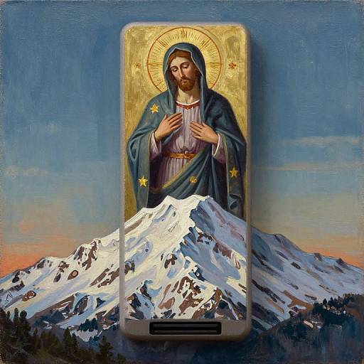 Digital painting of Jesus with a golden halo standing over snowy mountains, hands clasped, wearing blue robe with stars, on a tablet screen.