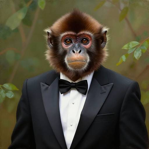 Photorealistic digital artwork of a monkey with brown fur, red eyes, and a somber expression, wearing a black tuxedo with a bow