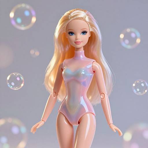 Photorealistic CGI of a blonde Barbie doll in a shiny pink leotard, surrounded by iridescent bubbles, with a light blue background.