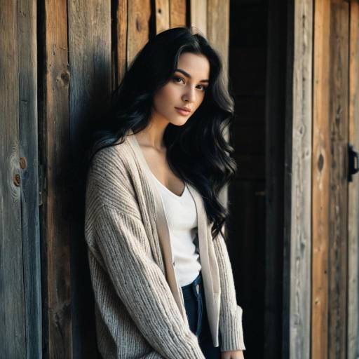 Woman in Cashmere Cardigan by Rustic Wooden Door