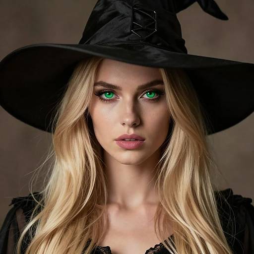 Photograph of a blonde woman with green eyes, wearing a black witch hat and black lace top, against a dark, blurred background.