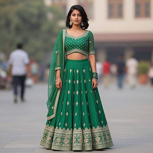 Photograph of a South Asian woman in a green, embroidered traditional lehenga and crop top, standing confidently on a city street.