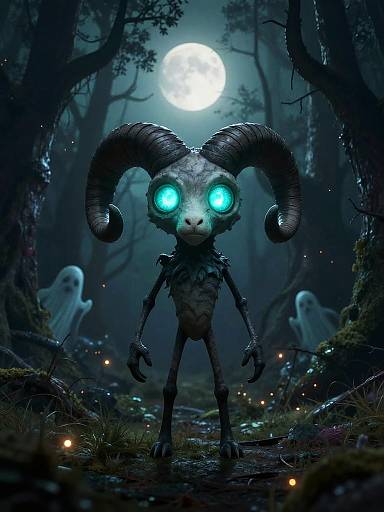 Spooky Stylized Ram in Eerie Forest