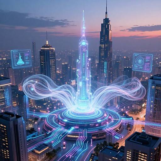 Neon-lit futuristic cityscape at dusk, featuring a glowing, cylindrical skyscraper with swirling light trails, surrounded by high-rise buildings. Digital holog