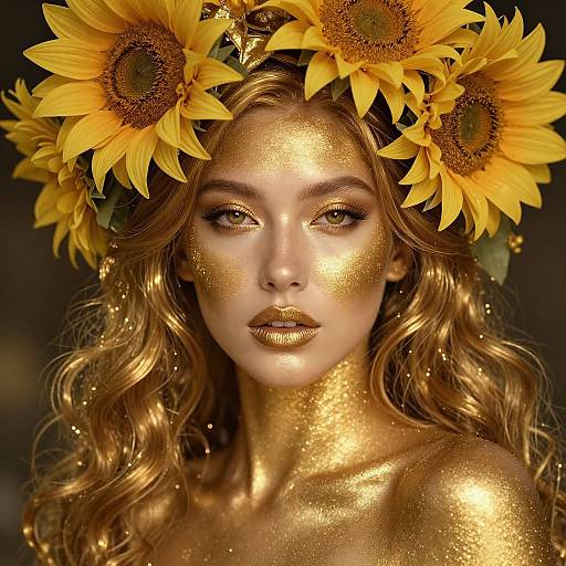 Photograph-like digital art of a golden-haired woman with sunflower crown, glittery gold face and shoulders, and intense gaze, set against a dark