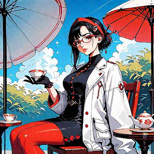 Digital anime-style drawing: Black-haired woman in red glasses, white lab coat, black dress, red tights, holding teacup under red umbrella