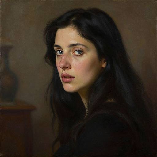Digital painting of a pale-skinned woman with long black hair, dark eyes, and serious expression, looking over her shoulder, against a dimly lit
