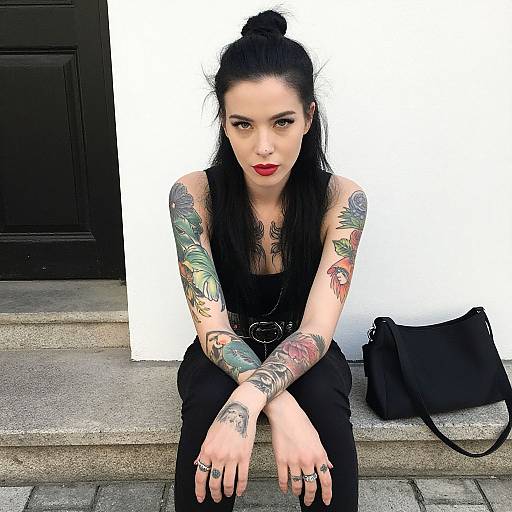 Tattooed woman with black hair bun, red lipstick, black sleeveless top, and black pants, sitting on concrete steps, black bag beside