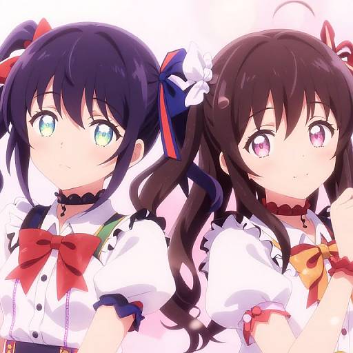 Anime-style digital drawing of two girls with large eyes, wearing white shirts, red bows, black chokers, and colorful hair ribbons.