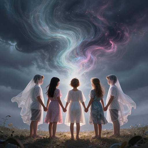 Four girls in white dresses and veils, holding hands, stand back-to-back under a swirling, colorful cosmic sky. Digital art.