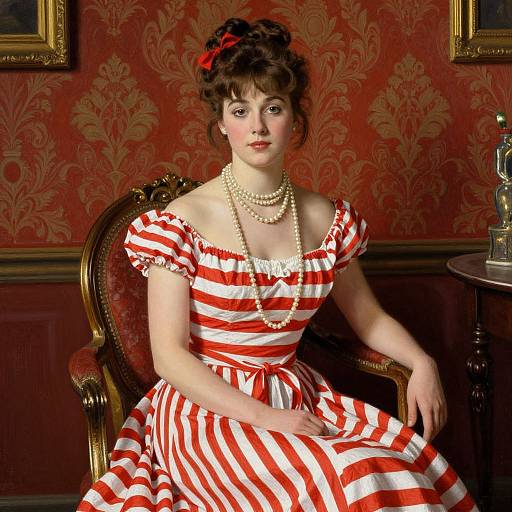 Victorian-style digital painting of a fair-skinned woman with brown hair, wearing a red and white striped dress, pearl necklace, and red bow,