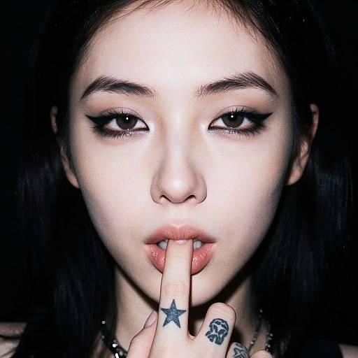 Close-up photograph of an Asian woman with dark hair, heavy black eyeliner, white skin, and tattoos on her fingers, biting her index finger with