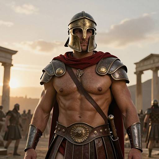 Photograph-style CGI of a muscular, shirtless Roman warrior with bronze helmet, red cape, and armor, standing in a sunlit, ancient amph