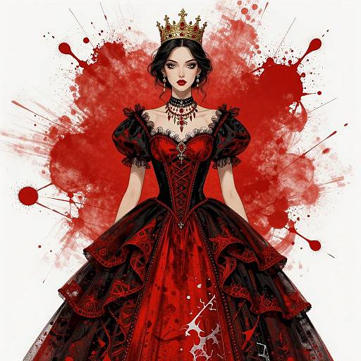 Digital illustration of a pale-skinned woman with black hair, red lipstick, and a golden crown, wearing a detailed black and red Gothic ball gown,