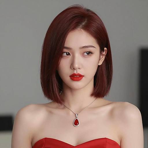 Elegant Asian Woman in Red Dress with Necklace