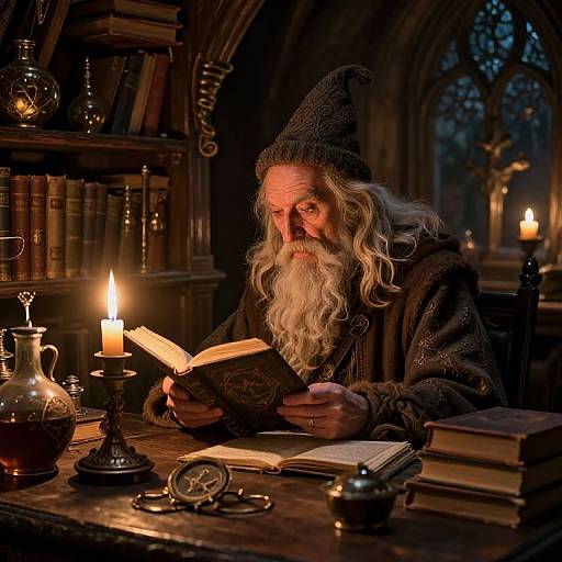 Photograph of an elderly wizard with a long white beard, wearing a pointed hat, reading a book by candlelight in a dimly lit, medieval