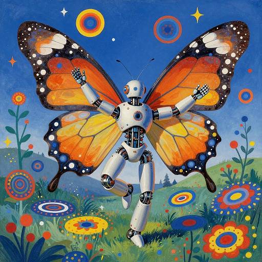 Surreal Robot With Butterfly Wings Artwork