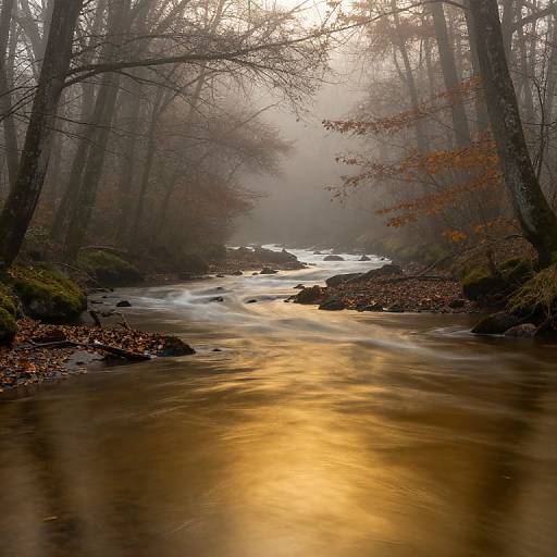 Misty forest stream photograph with golden sunlight reflecting on the water, surrounded by leafless trees and autumn leaves on the banks.