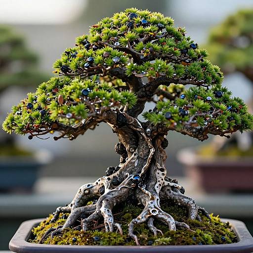 Photograph of a meticulously pruned bonsai tree with dense, green foliage, exposed twisted roots, and a moss-covered base, set against a blurred