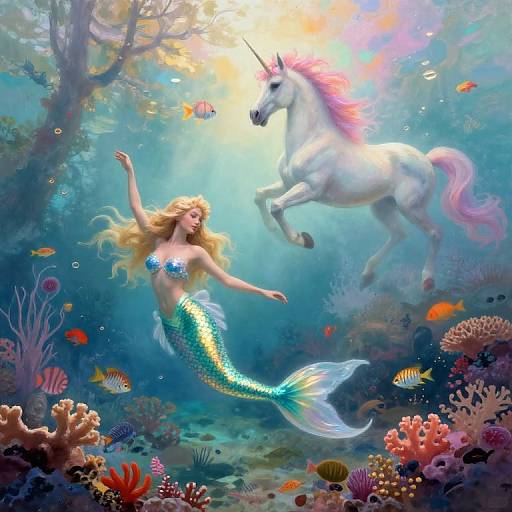 Digital fantasy artwork of a mermaid with blonde hair, blue-green tail, and a topless white unicorn with a pink mane underwater, surrounded by colorful