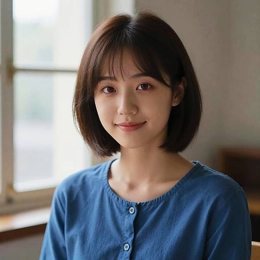 Photograph of a young Asian woman with short black hair, fair skin, and brown eyes, wearing a blue button-up shirt, smiling softly in a